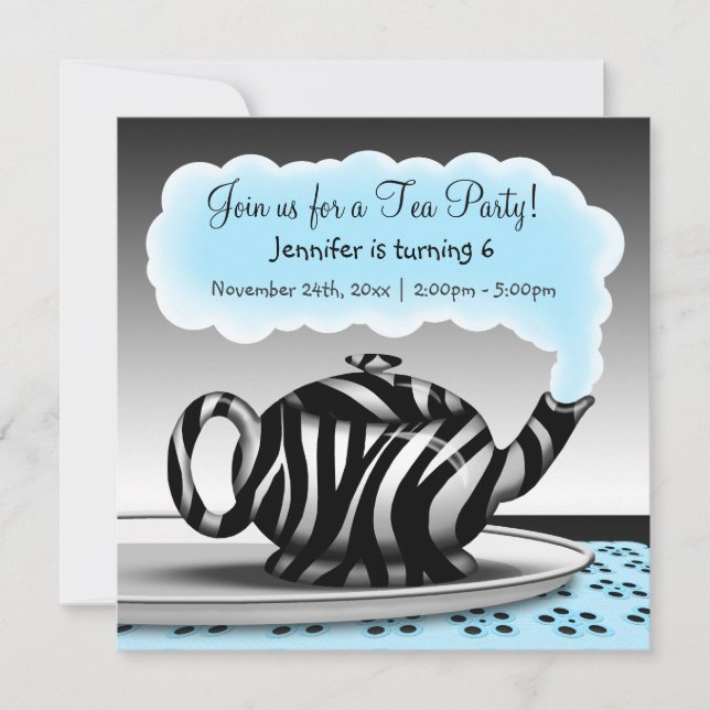 Convite Zebra Print Teapot Festa de Chá - Aniversário (Frente)