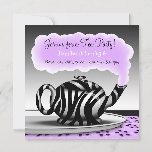 Convite Zebra Print Teapot Festa de Chá - Aniversário (Frente)