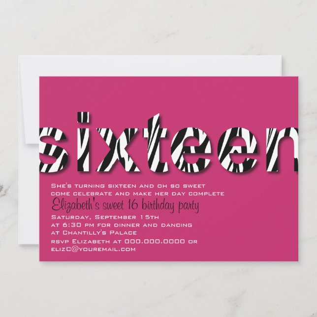Convite Zebra Print Typography Design Sweet 16 Invitation (Frente)