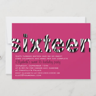 Convite Zebra Print Typography Design Sweet 16 Invitation