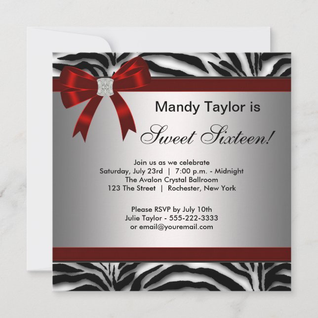 Convite Zebra Red Arco Rico Doce Dezesseis (Frente)