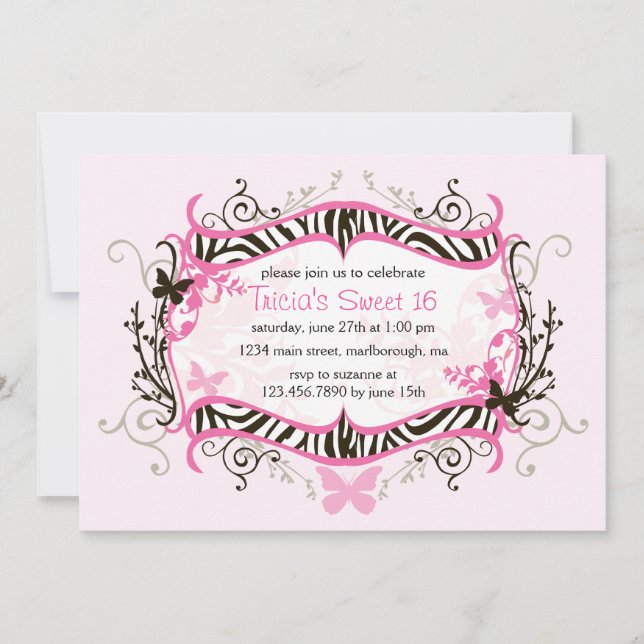 Convite Zebra Rosa Quente Doce 16 (Frente)