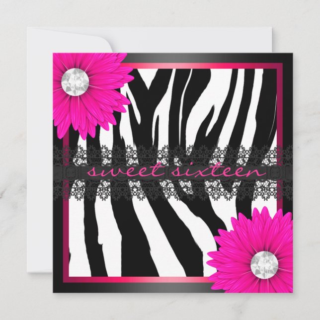Convite Zebra Rosa Quente Doce Dezesseis (Frente)