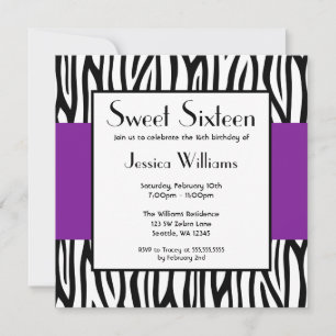 Convite Zebra Roxa Moderna Sweet 16