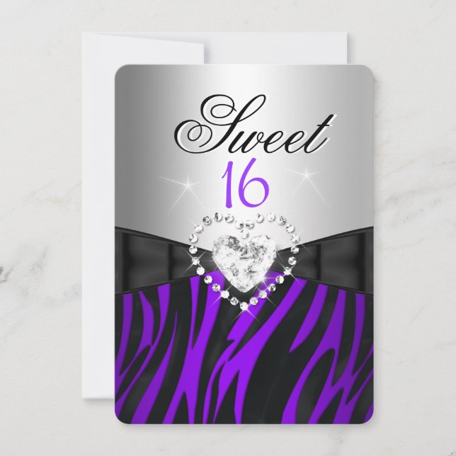 Convite Zebra Roxo Prata Doze Aniversário de Dezesseis Ano (Frente)