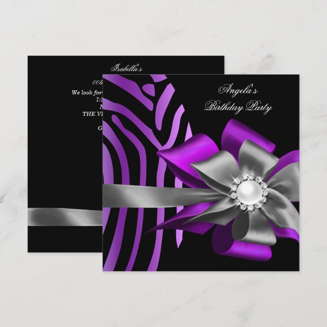 Convite Zebra Roxo Preto Prata Arco Pérola Aniversário (Frente/Verso)