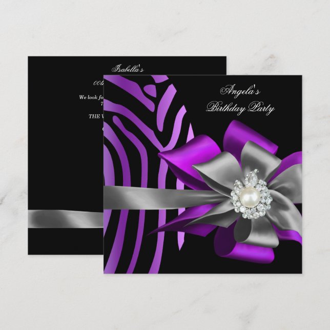 Convite Zebra Roxo Preto Prata Arco Pérola Aniversário 2 (Frente/Verso)