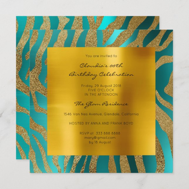 Convite Zebra Safari Animal Skyton Teal Mostarda Dourada (Frente/Verso)