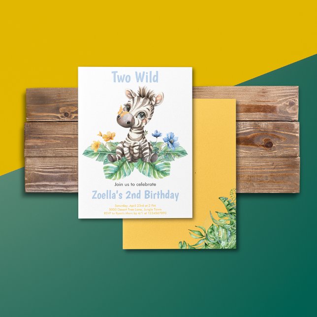 Convite Zebra Safari, Partido da Selva (Safari Jungle Watercolor Zebra Yellow Blue Flowers Greenery Birthday Invitation)