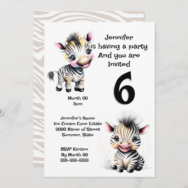 Convite Zebra selva safari temática QUALQUER Idade Imprimí (Frente/Verso)