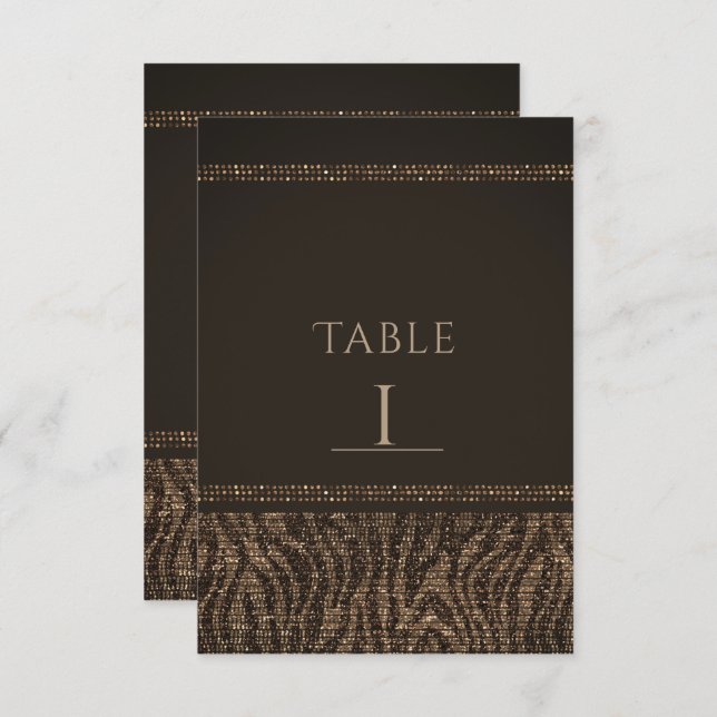 Convite Zebra Sparkle Brown Dourado Glam Chic Table Number (Frente/Verso)