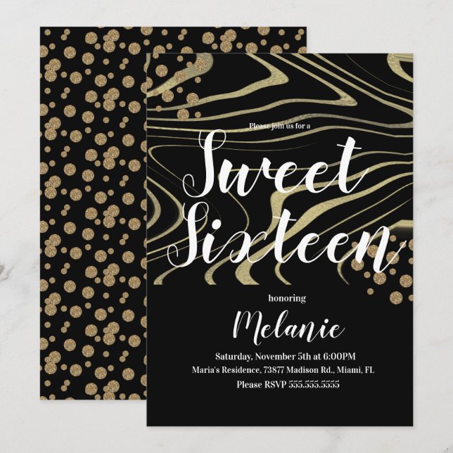 Convite Zebra Sweet 16 Brilho Falso Dourado e Geo Folheado (Frente/Verso)