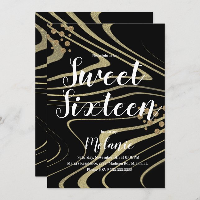 Convite Zebra Sweet 16 Glitter Faux Dourado e Foil Geo (Frente/Verso)