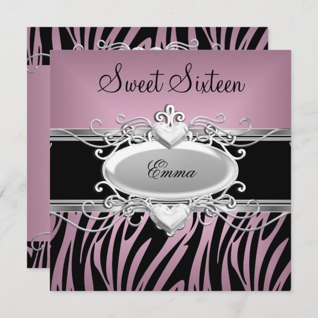 Convite Zebra Sweet 16 Partido Prateado Rosa Negro (Frente/Verso)