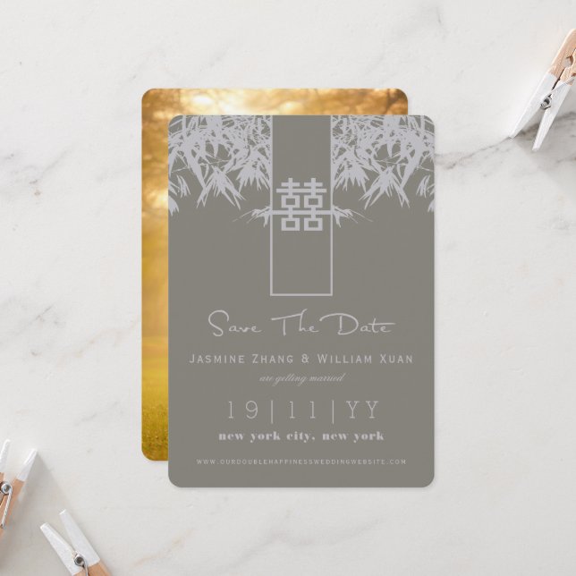 Convite Zen Bamboo Dupla Felicidade Chinesa Salva A Data (Frente/Verso In Situ)