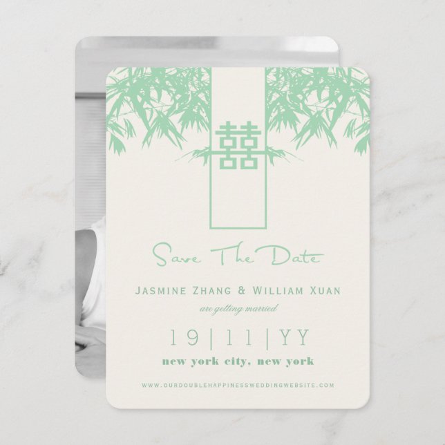 Convite Zen Bamboo Dupla Felicidade Chinesa Salva A Data (Frente/Verso)
