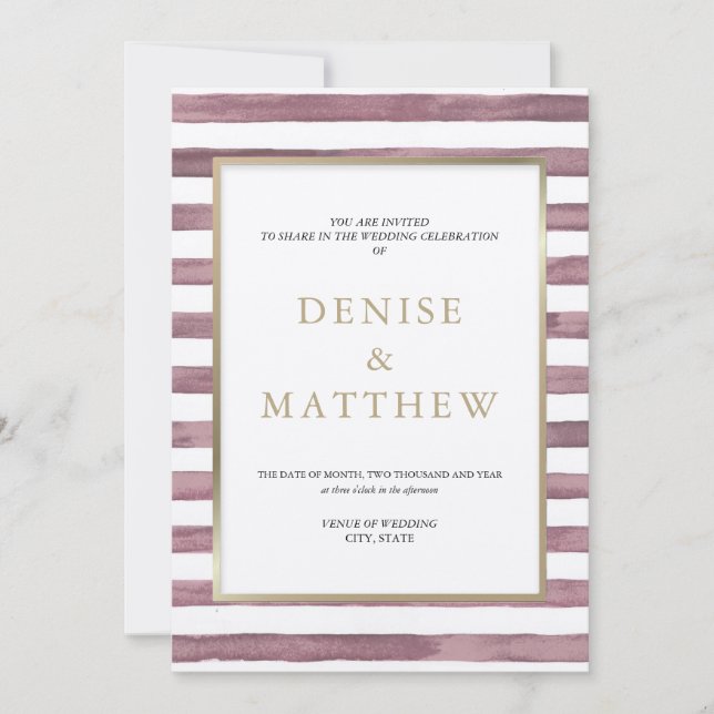 Convite Zephyr Rosa Listras de Aquarela & Letreiro Dourado (Frente)