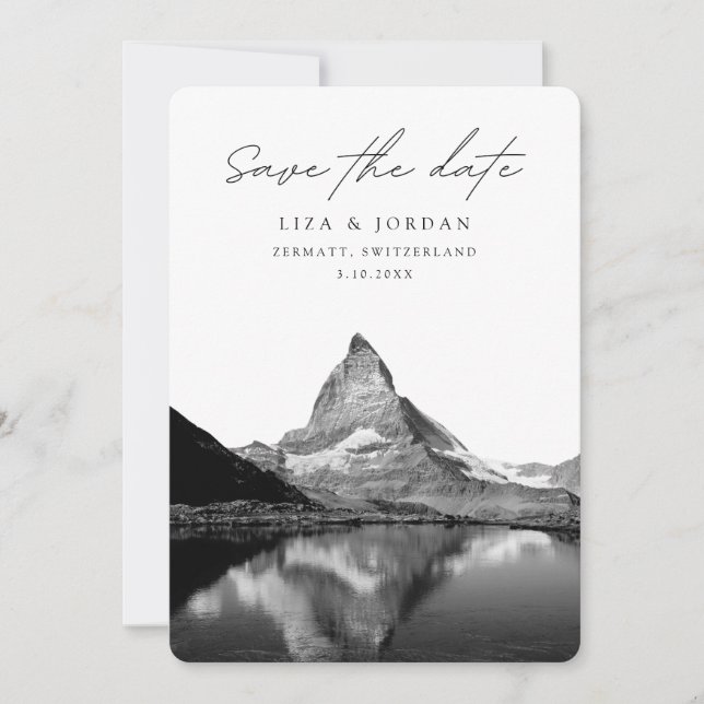 Convite Zermatt Salve a Suiça de data preto e branco (Frente)