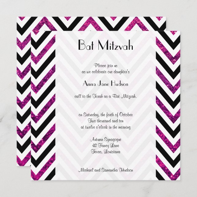 Convite Zigzag Pattern, Chevron, Glitter Rosa, Bat Mitzvah (Frente/Verso)