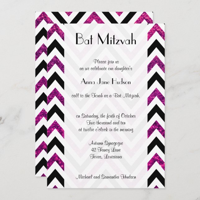 Convite Zigzag Pattern, Chevron, Glitter Rosa, Bat Mitzvah (Frente/Verso)
