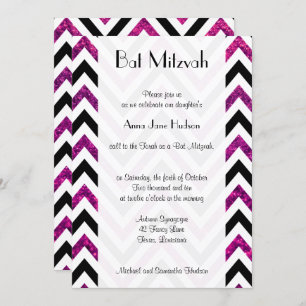 Convite Zigzag Pattern, Chevron, Glitter Rosa, Bat Mitzvah