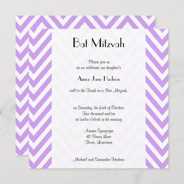 Convite Zigzag Roxo, Chevron Roxo, Bat Mitzvah (Frente/Verso)