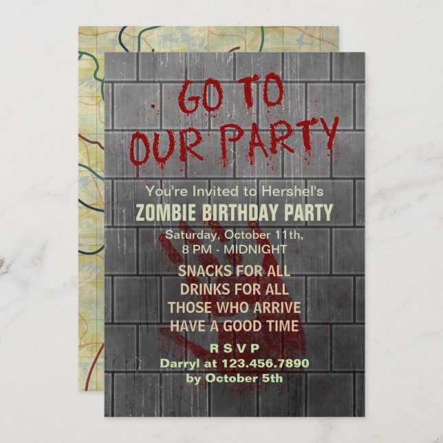 Convite Zombie Birthday Party Undead Apocalypse Blood Text (Frente/Verso)