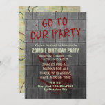 Convite Zombie Birthday Party Undead Apocalypse Blood Text<br><div class="desc">Throw a zombie - themed birthday party with these creepy invitations. Except for the bloody "Go To Our Party" text dripping down the concrete wall, all text is customizable on these scary invites inspired by the undead. Below your custom text on the gray distressed wall, there is a bloody handprint,...</div>