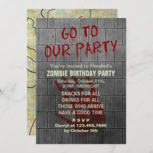 Convite Zombie Birthday Party Undead Apocalypse Blood Text