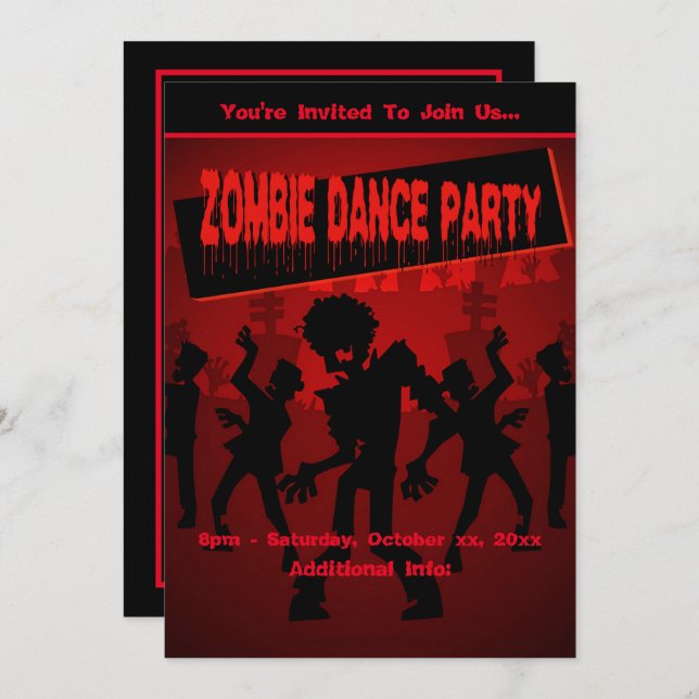 Convite Zombie Dance Party Black & Orange (Frente/Verso)