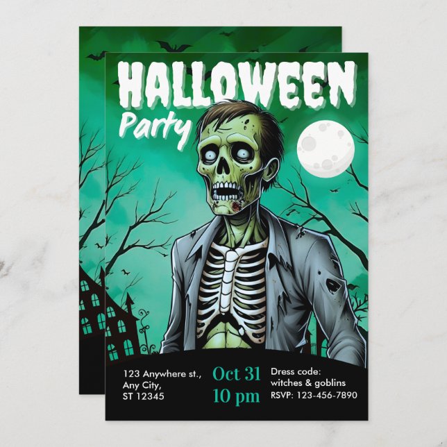 Convite Zombie Skeleton Halloween Party Invite Adults (Frente/Verso)