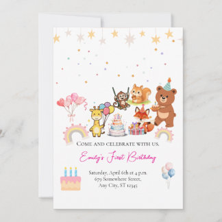 Convite Zoo animals cute first birthday invitation