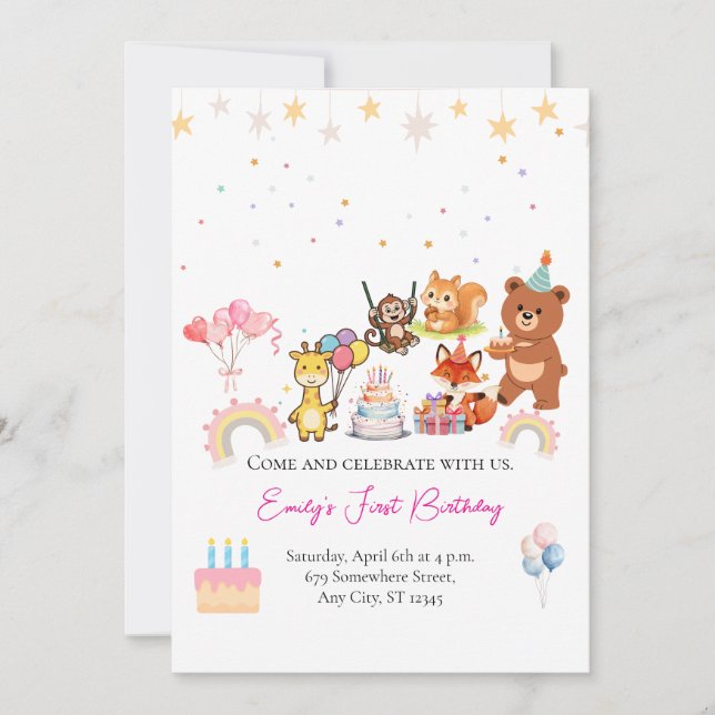 Convite Zoo animals cute first birthday invitation (Frente)