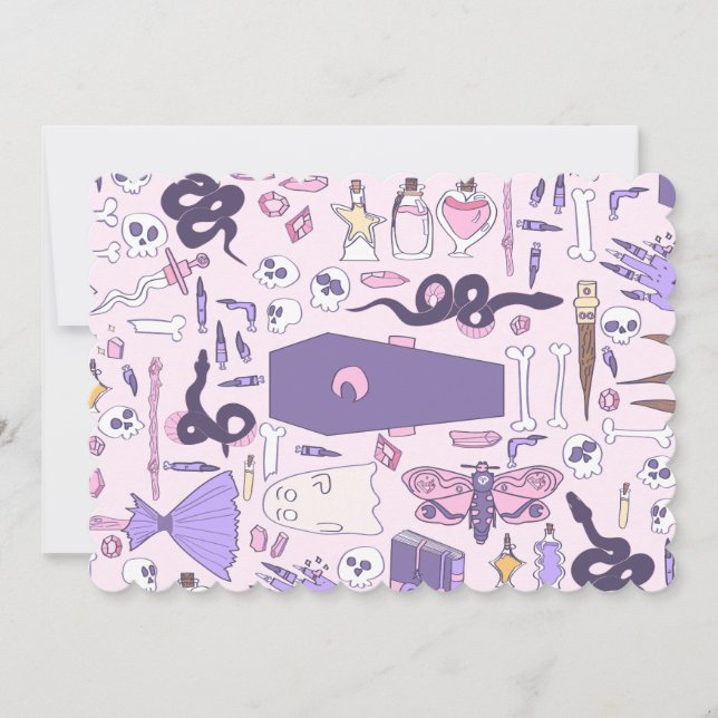 Convite zumbi-bruxa-do-caixão-de-halloween, desenhada à mã (Frente)