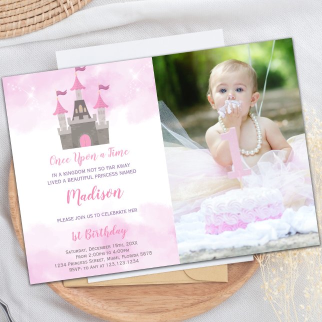 Convites à Aniquilação da Princesa do Castelo Rosa (Pink Castle Princess Birthday Invitations w Photo)