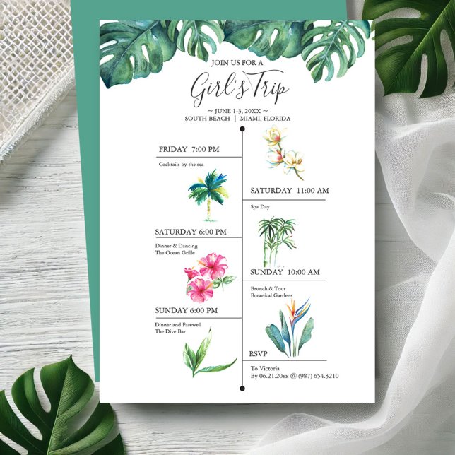 Convites à Festa de solteira tropical Itinerários (Tropical girls trip invitations watercolor monstera leaves and florals by Victoria Grigaliunas )