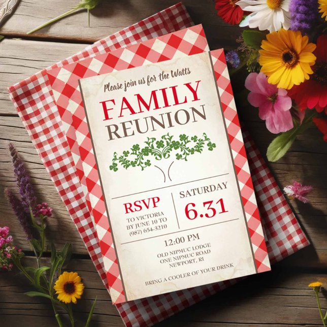 Convites à Reunião da Família Rustic Red Gingham (Rustic family reunion invitations tree with red gingham print.)