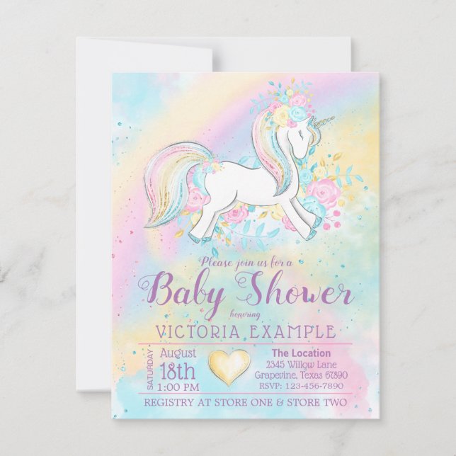 Convites ao Chá Rainbow Unicorn Baby Girl (Frente)