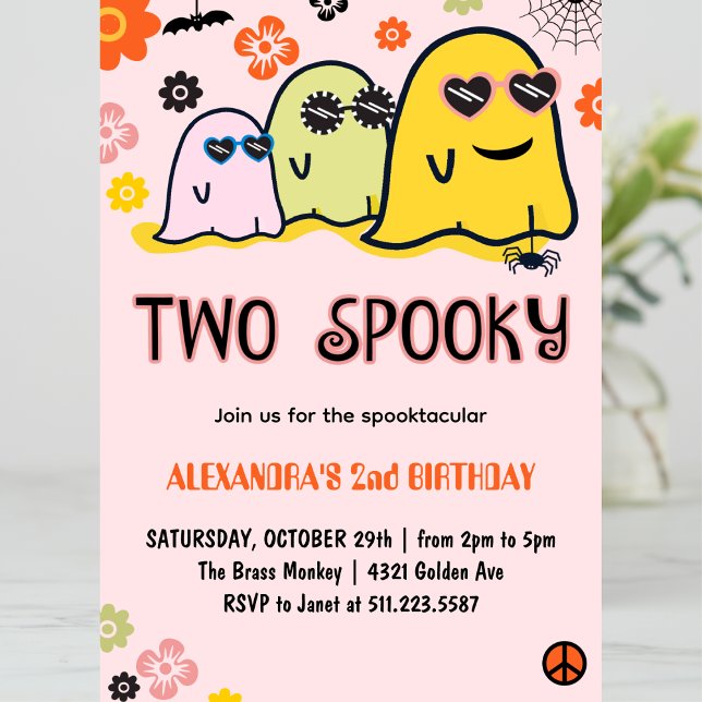 Convites ao segundo aniversário de Halloween Dois  (Halloween-2nd-Birthday-Invitations-Two-Spooky-groovy-pink-1)