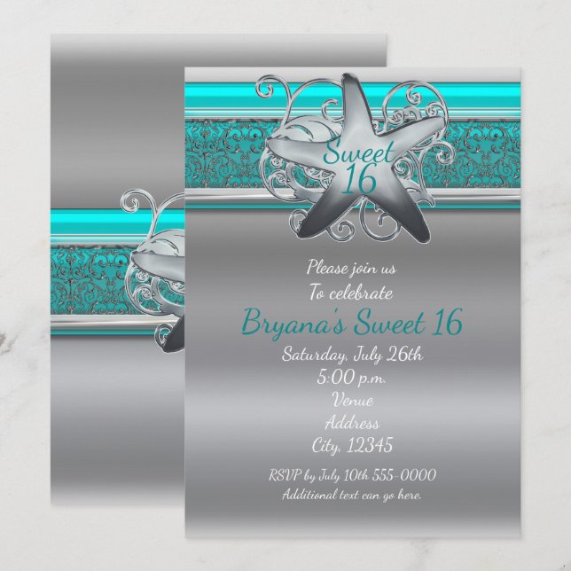 Convites Aqua & Silver Starfish Beach Sweet 16 (Frente/Verso)