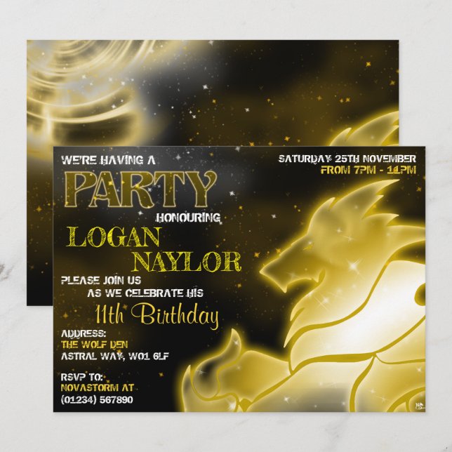 Convites Astral Glow Storm Wolf (Frente/Verso)