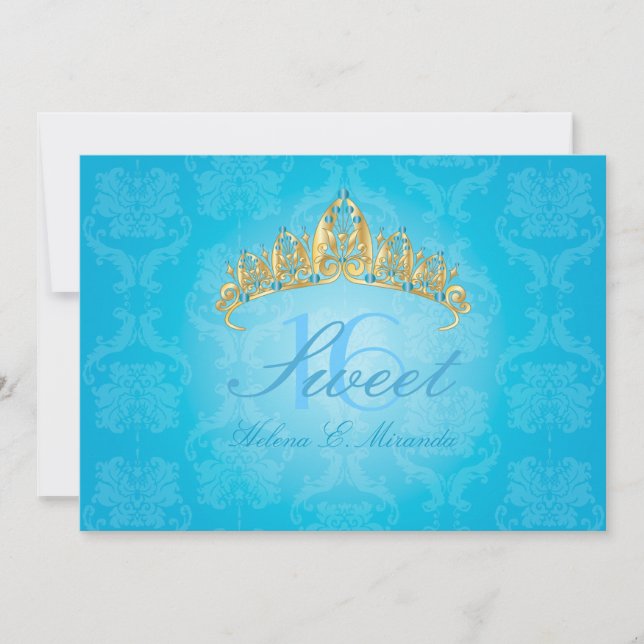 Convites Blue Damask Sweet 16/ tiara/turquesa (Frente)