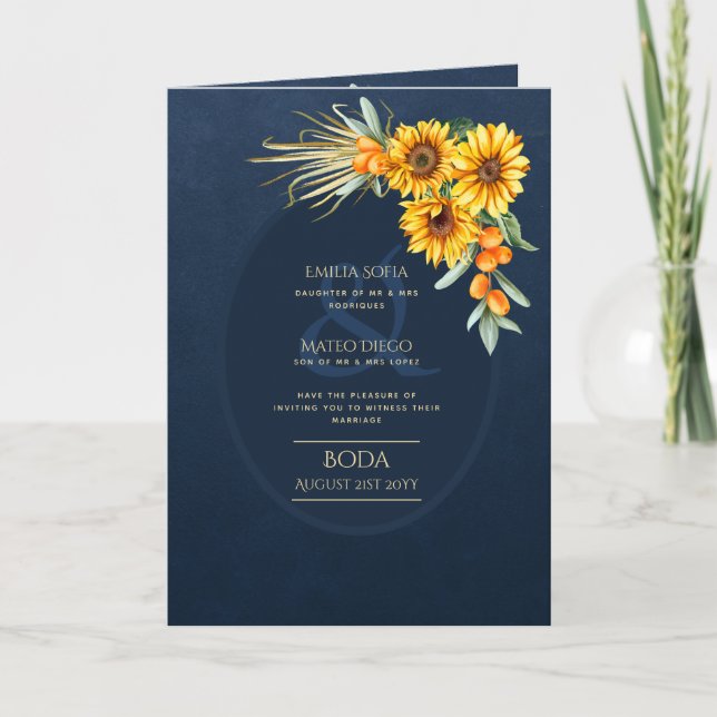Convites BODA Espanhol 4pg, Carro Azul Girassol (Frente)