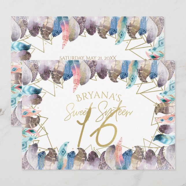 Convites Boho Aquarela Penas Dourado Sweet 16 (Frente/Verso)