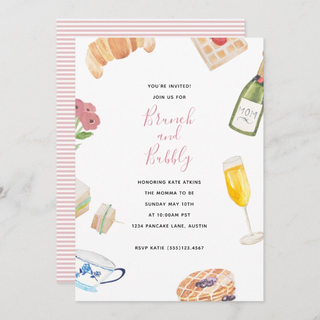 Convites Brunch de Chá de fraldas de Aquarela (Frente/Verso)