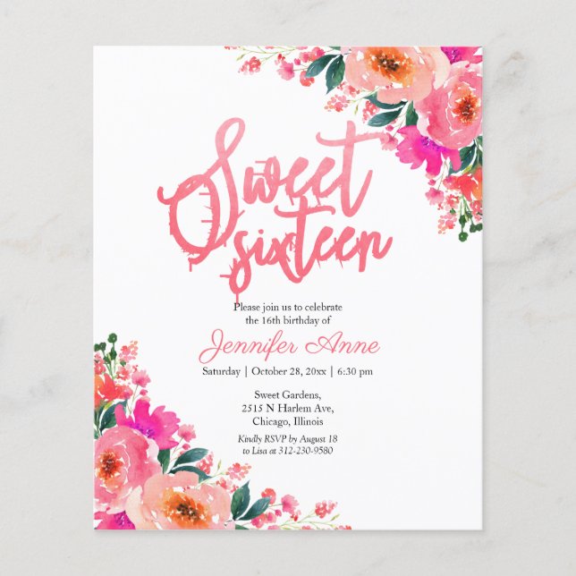 Convites Budget Sweet 16 Floral Rosa Quente (Frente)