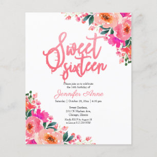 Convites Budget Sweet 16 Floral Rosa Quente