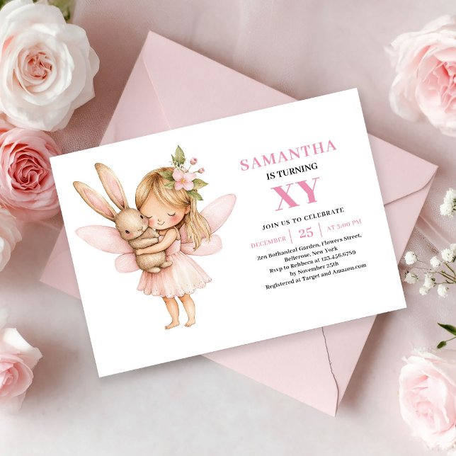 Convites Caprichosos de Aniversário de Menina Fada (Whimsical Fairy Girl Birthday Blush Pink invitation)