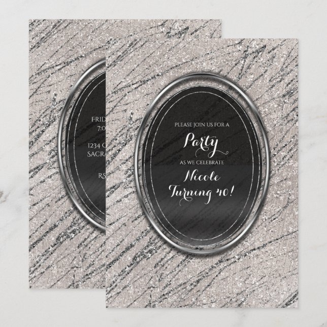 Convites Chic de Faixa de Mármore Bege e Prata Gla (Frente/Verso)