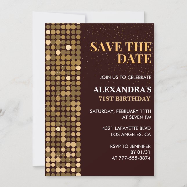 Convites Chic Save the date Dourado 71º aniversári (Frente)